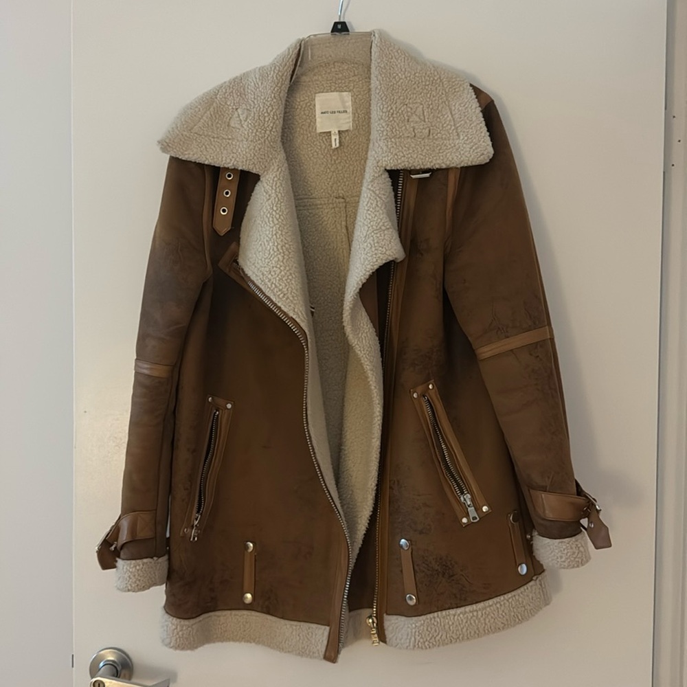NWOT Avec Les Filles Faux Leather Shearling Brown Cream Biker Moto Jacket Large